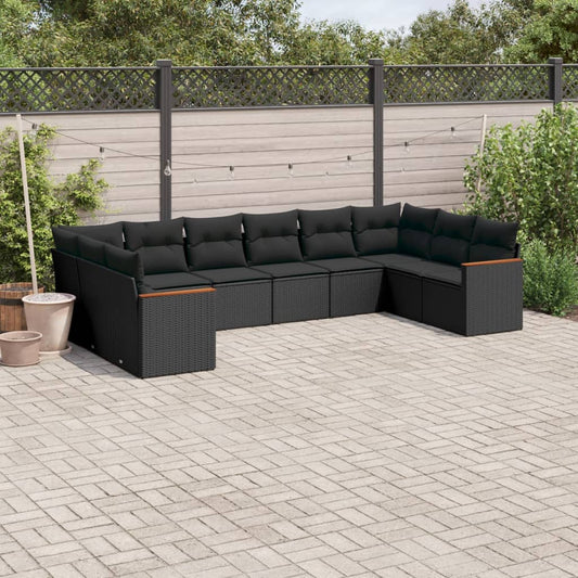 10-delige Loungeset met kussens poly rattan zwart