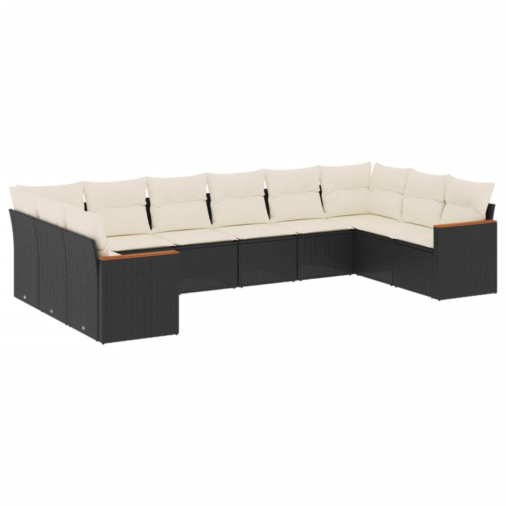 10-delige Loungeset met kussens poly rattan zwart