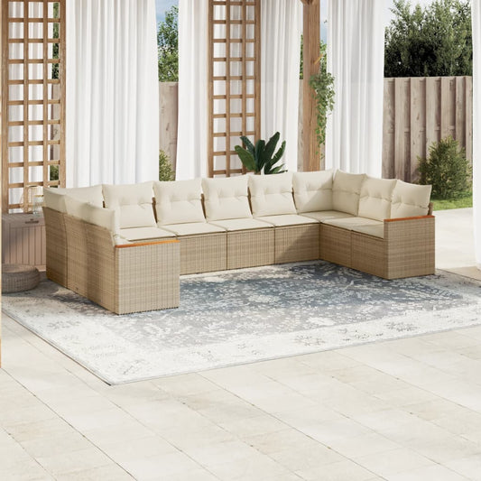 10-delige Loungeset met kussens poly rattan beige