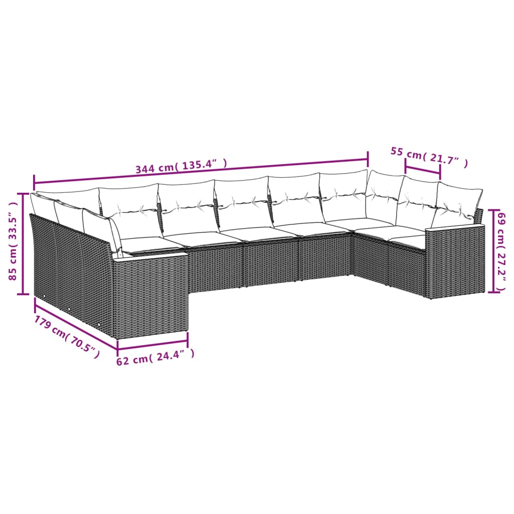 10-delige Loungeset met kussens poly rattan beige