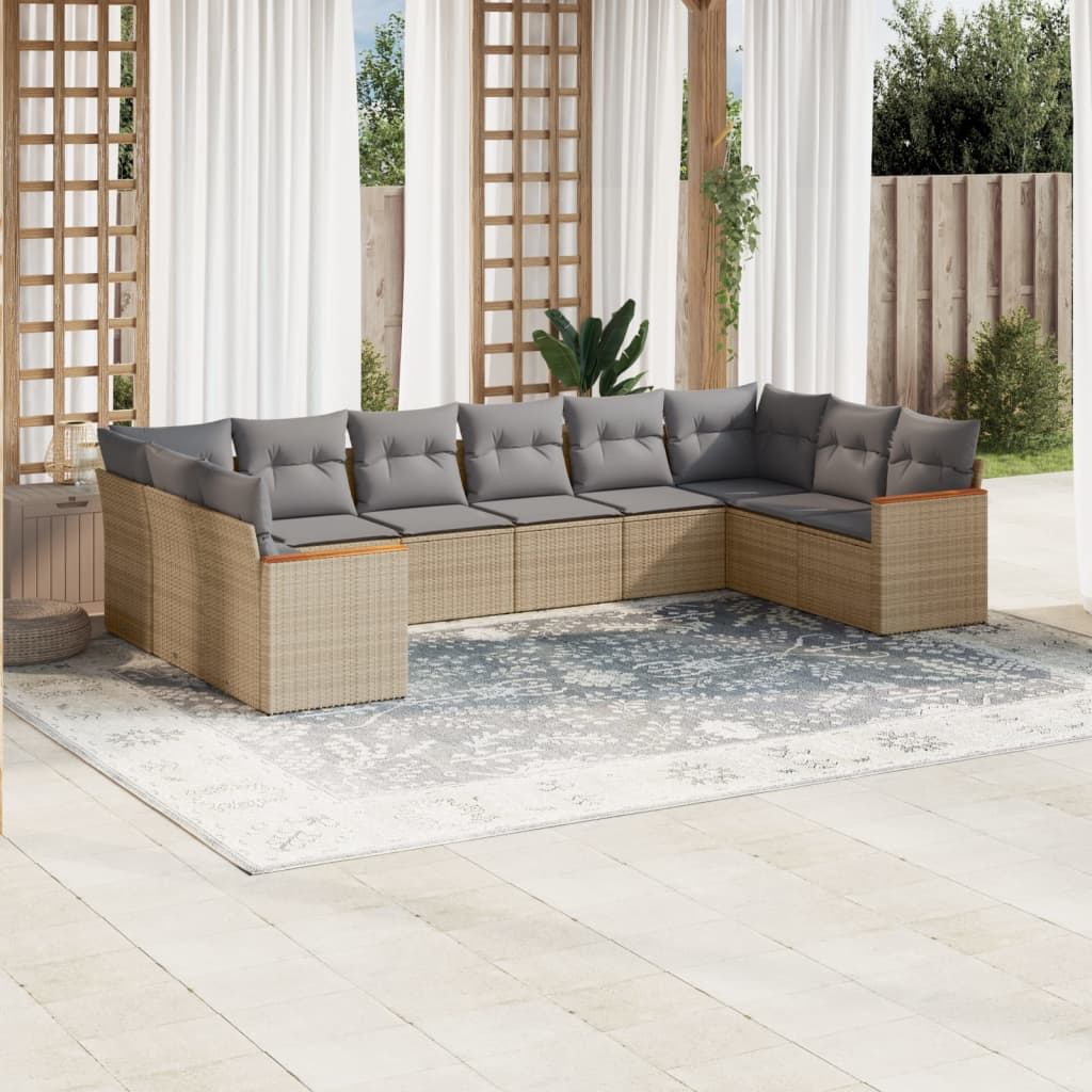 10-delige Loungeset met kussens poly rattan beige