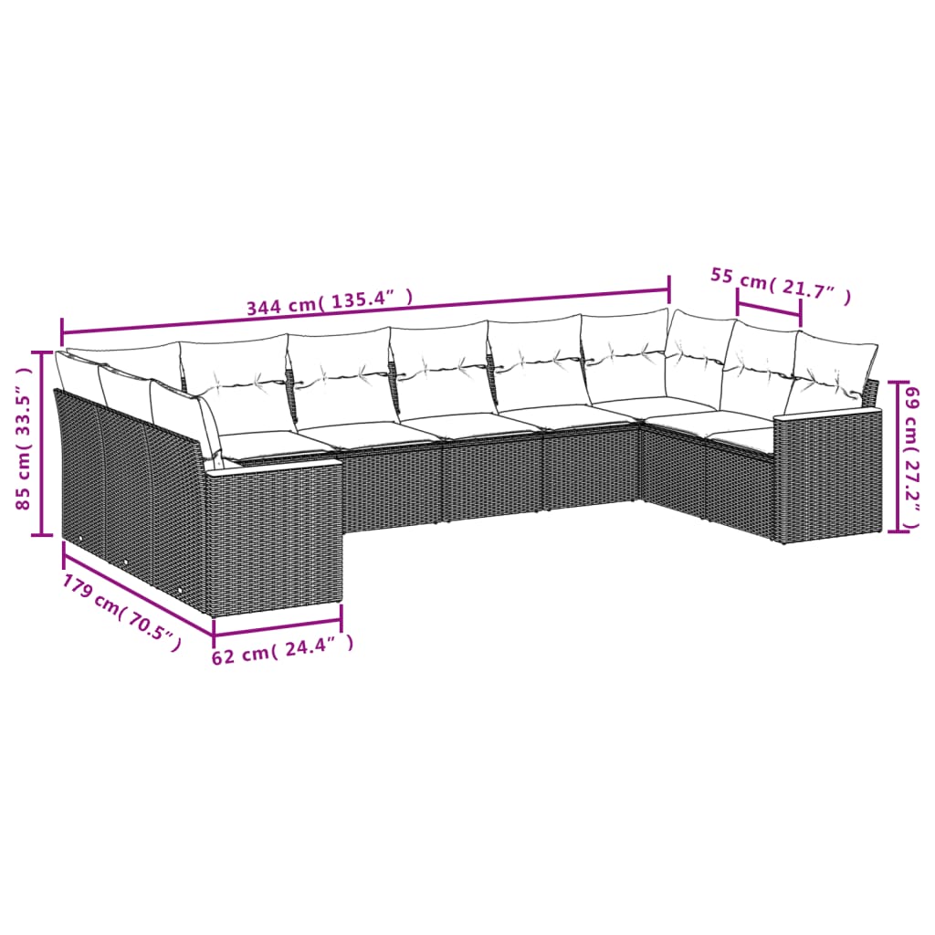 10-delige Loungeset met kussens poly rattan grijs