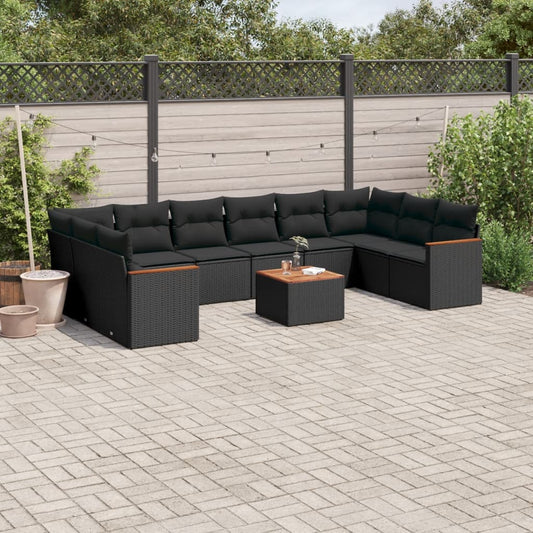 11-delige Loungeset met kussens poly rattan zwart