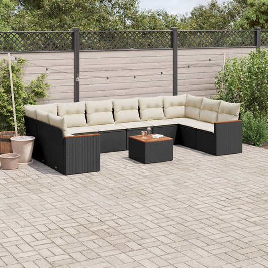 11-delige Loungeset met kussens poly rattan zwart