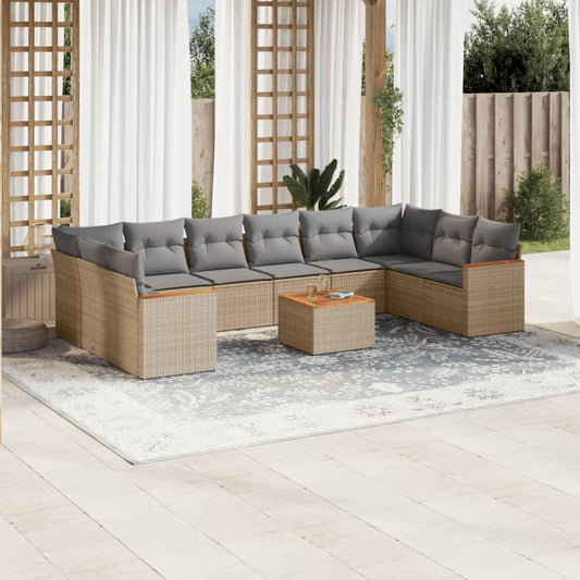 11-delige Tuinset met kussens poly rattan beige