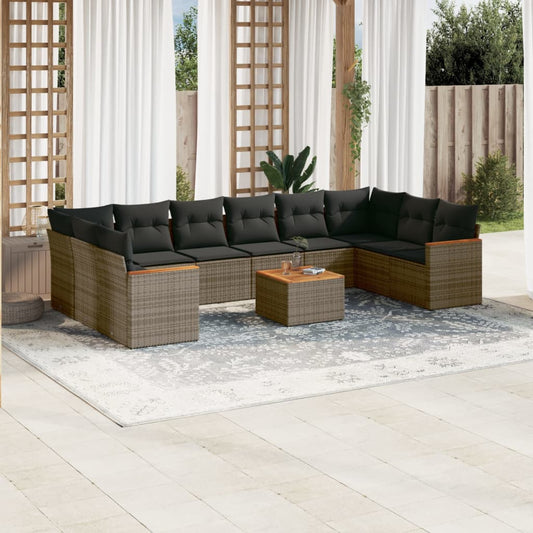 11-delige Loungeset met kussens poly rattan grijs