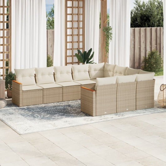 10-delige Loungeset met kussens poly rattan beige