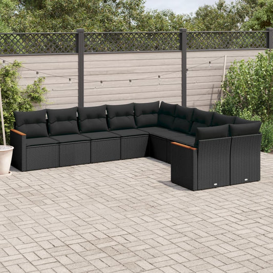 10-delige Loungeset met kussens poly rattan zwart