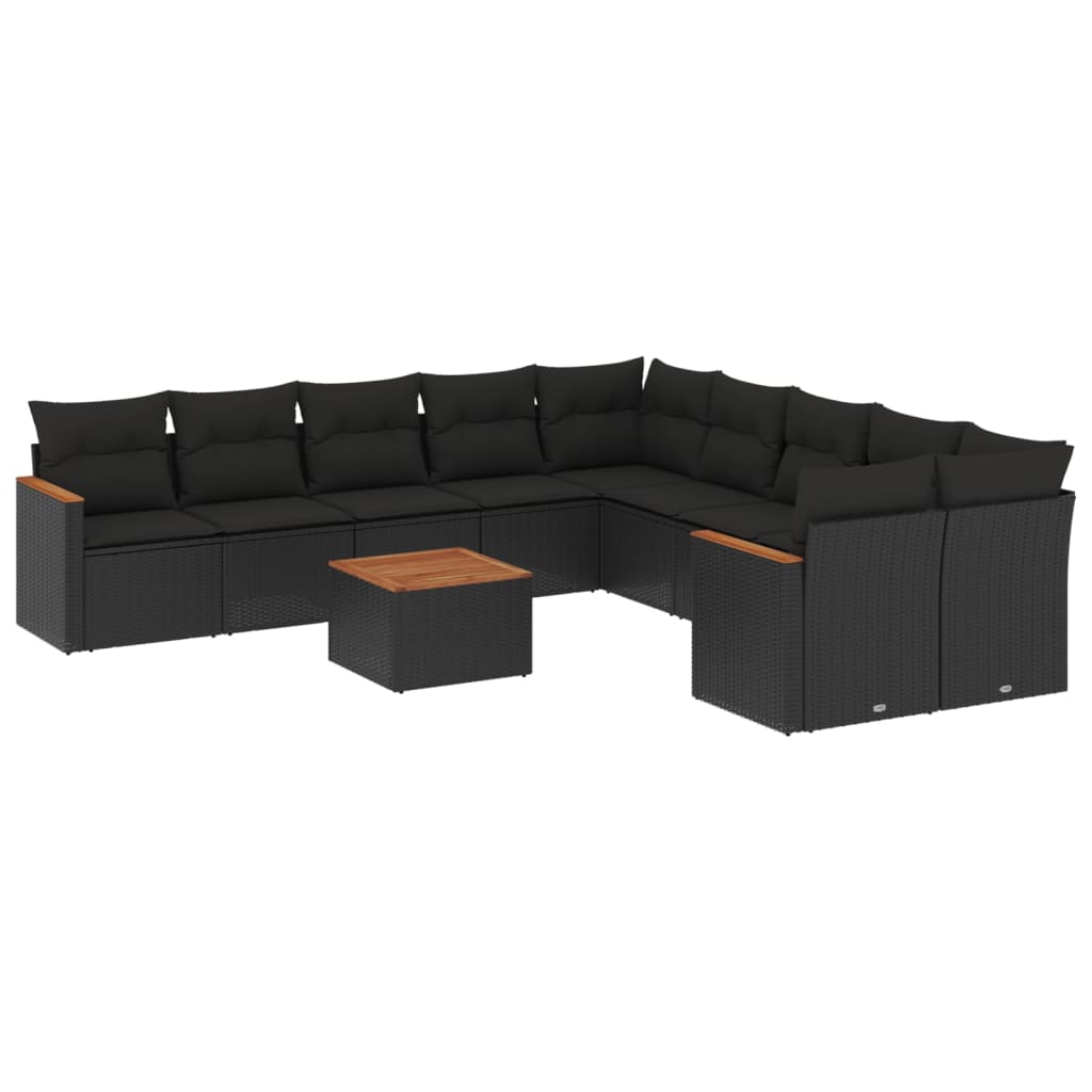 11-delige Loungeset met kussens poly rattan zwart