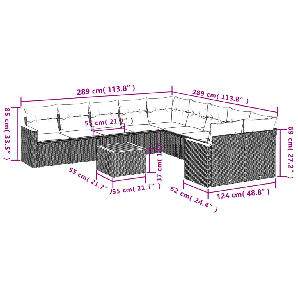 11-delige Loungeset met kussens poly rattan zwart