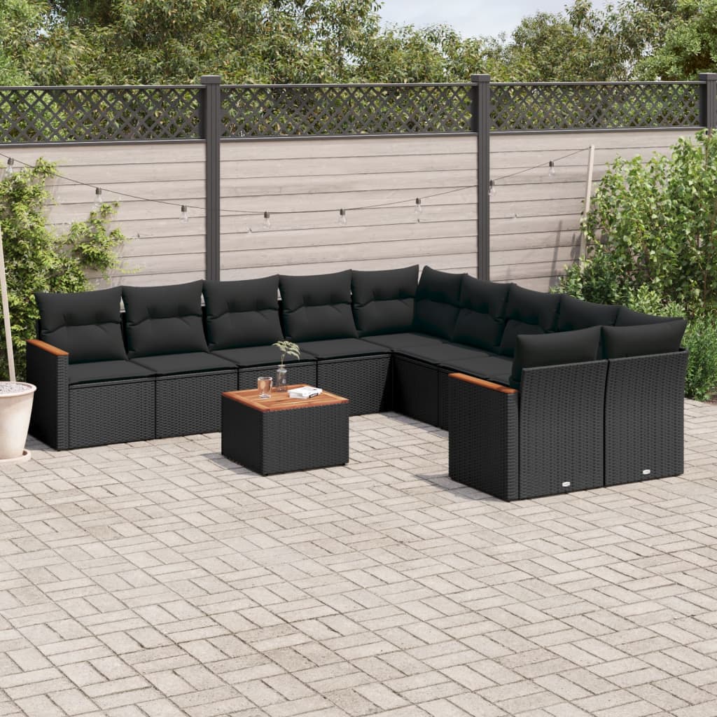 11-delige Loungeset met kussens poly rattan zwart