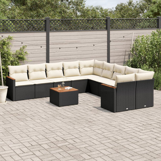 11-delige Loungeset met kussens poly rattan zwart