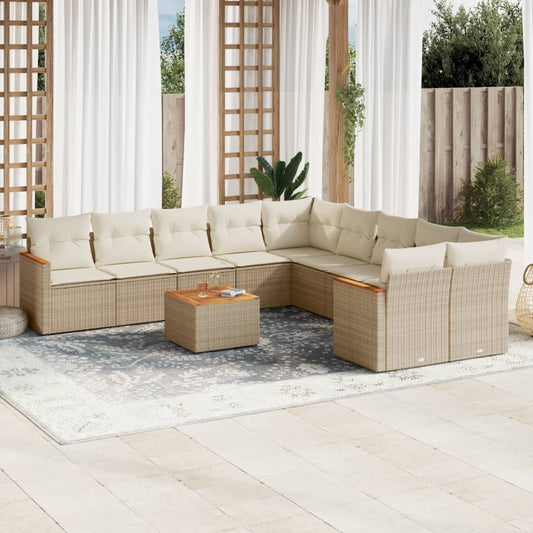 11-delige Tuinset met kussens poly rattan beige