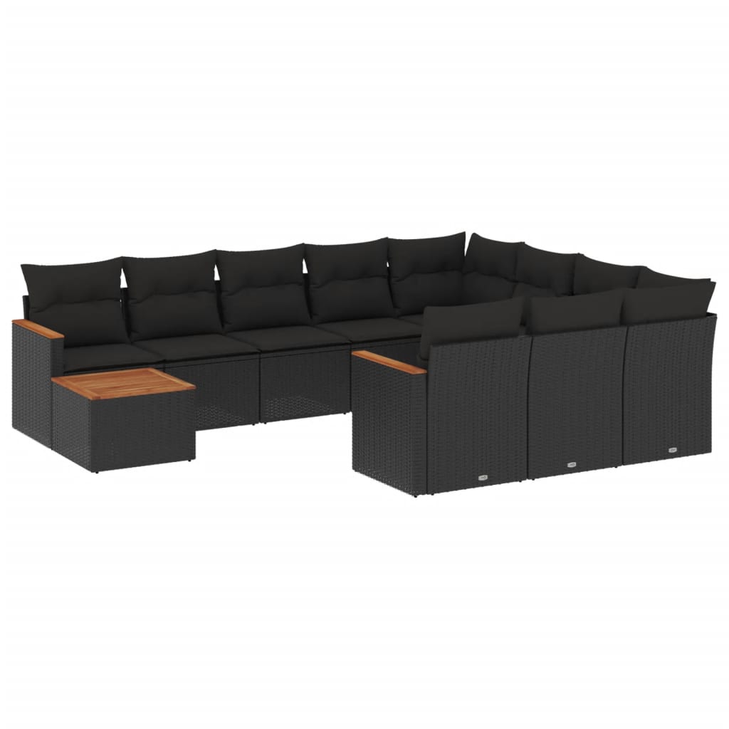 11-delige Loungeset met kussens poly rattan zwart