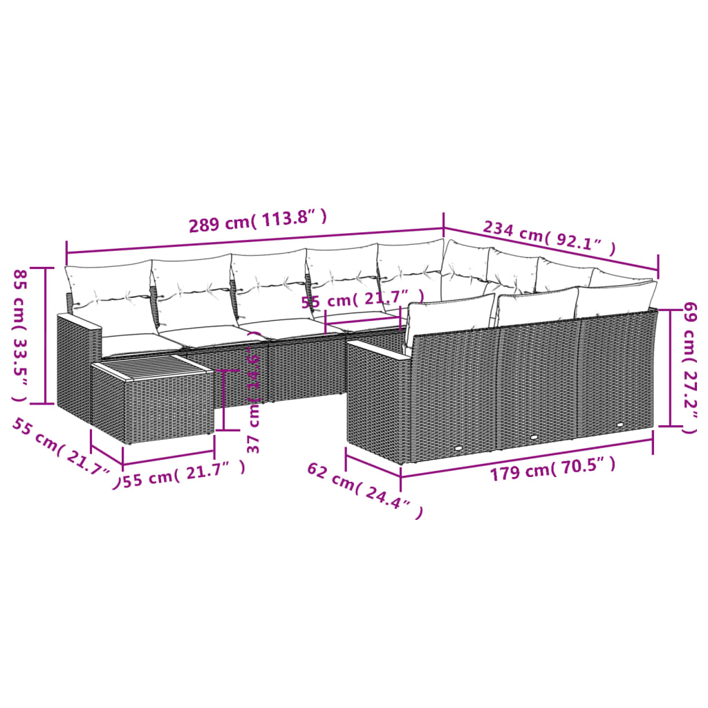 11-delige Loungeset met kussens poly rattan zwart