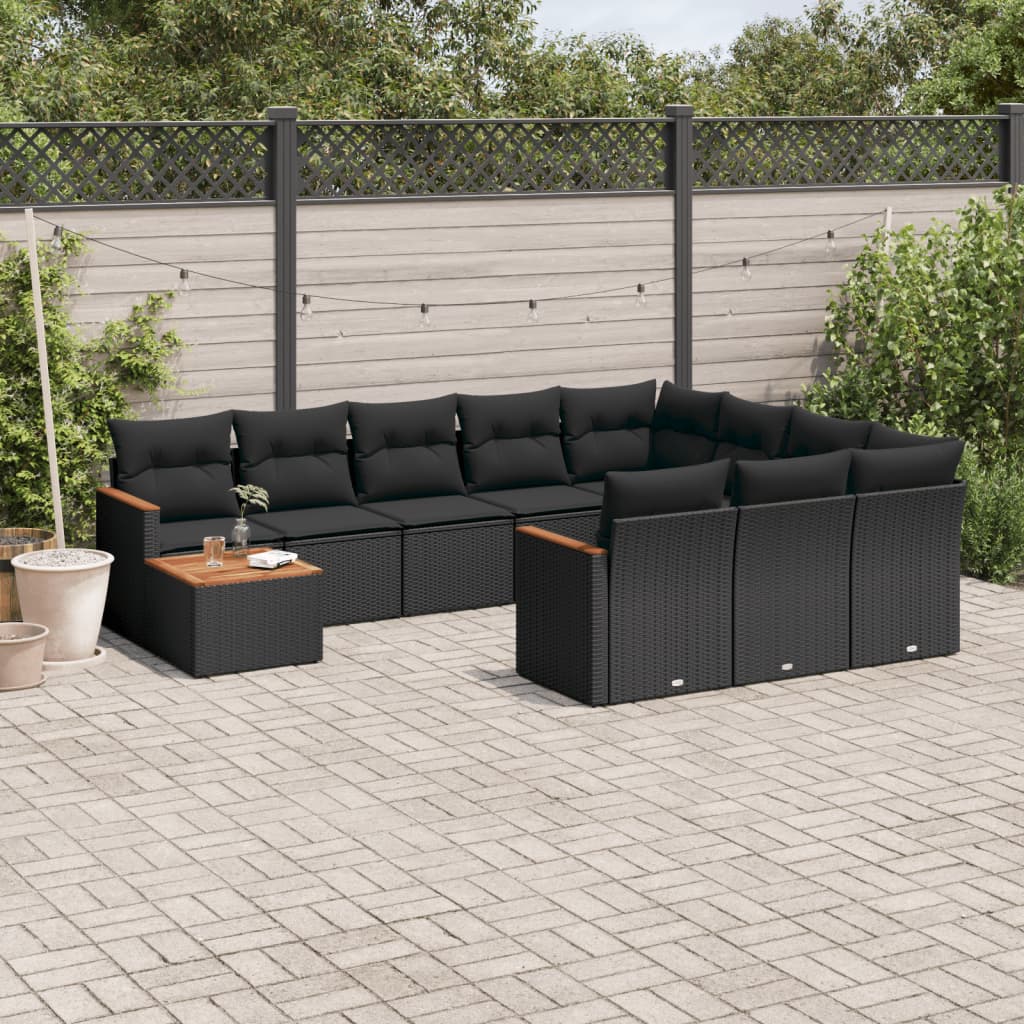 11-delige Loungeset met kussens poly rattan zwart