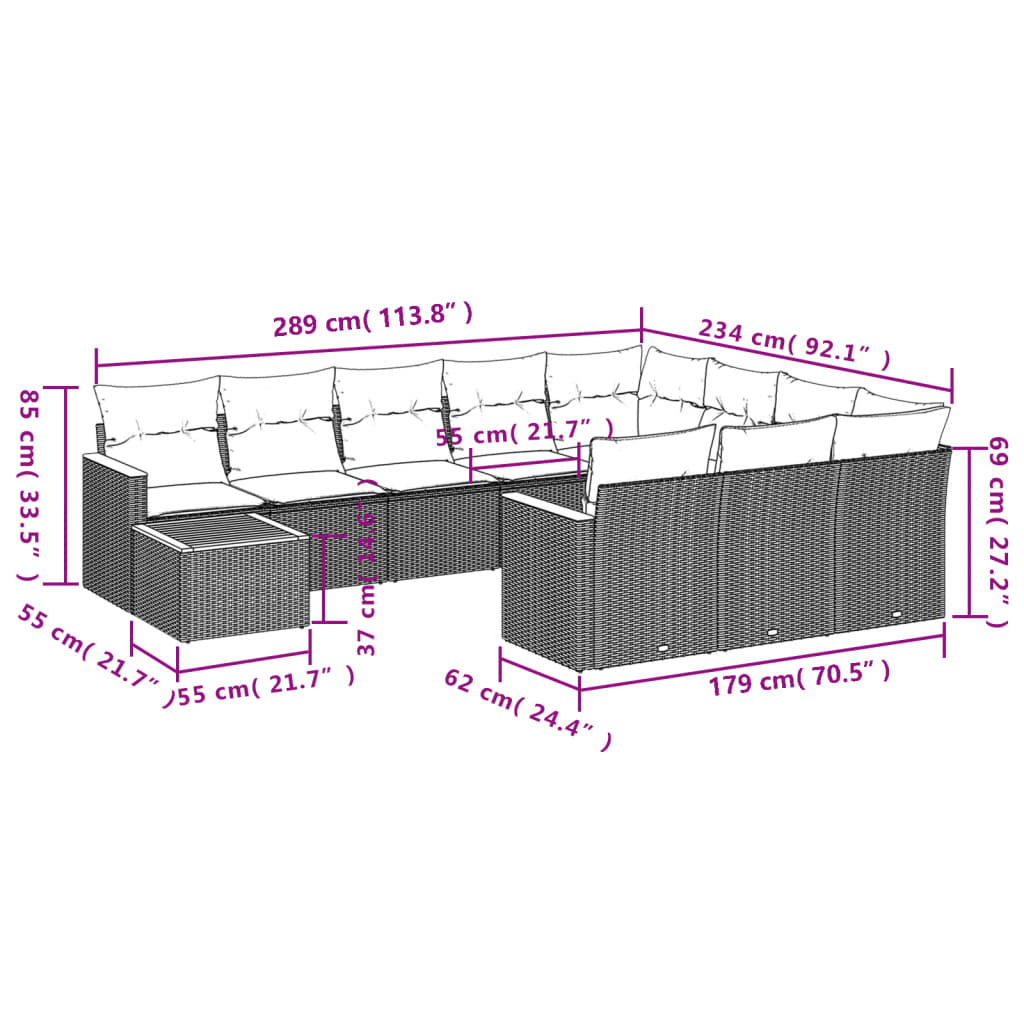 11-delige Tuinset met kussens poly rattan beige