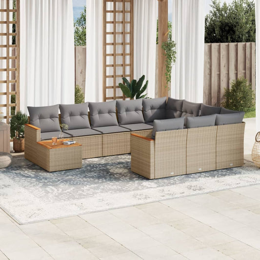 11-delige Tuinset met kussens poly rattan beige