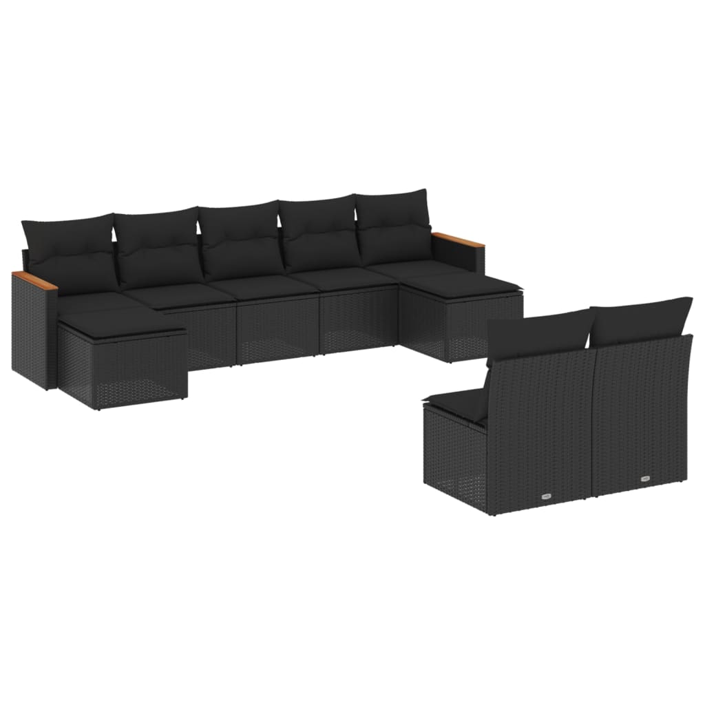 9-delige Loungeset met kussens poly rattan zwart