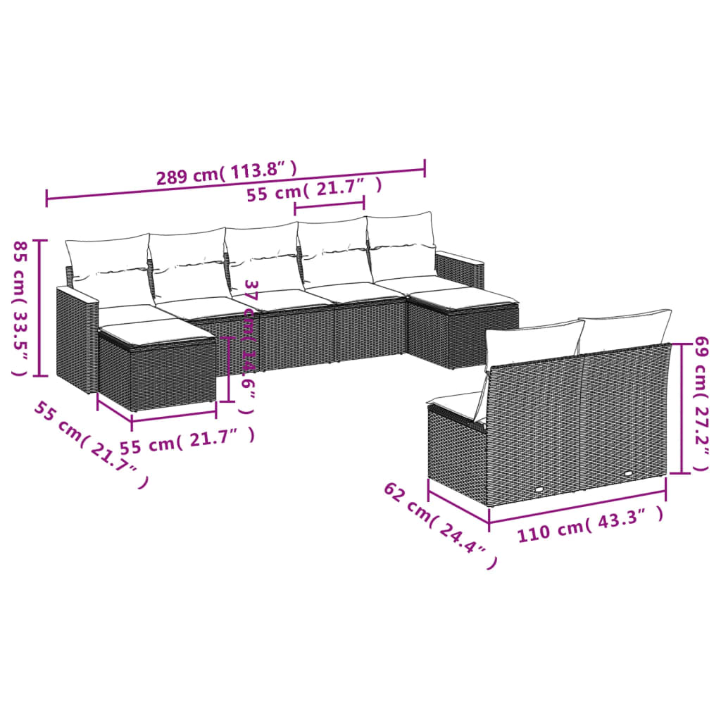 9-delige Loungeset met kussens poly rattan zwart