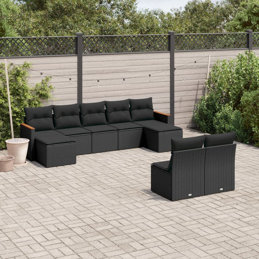 9-delige Loungeset met kussens poly rattan zwart