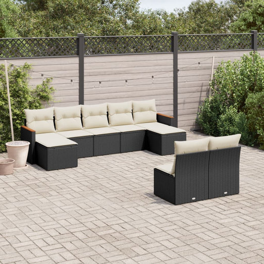 9-delige Loungeset met kussens poly rattan zwart