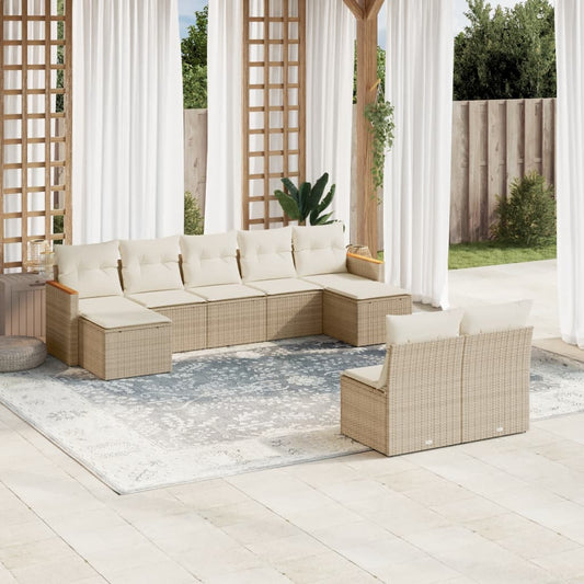 9-delige Loungeset met kussens poly rattan beige