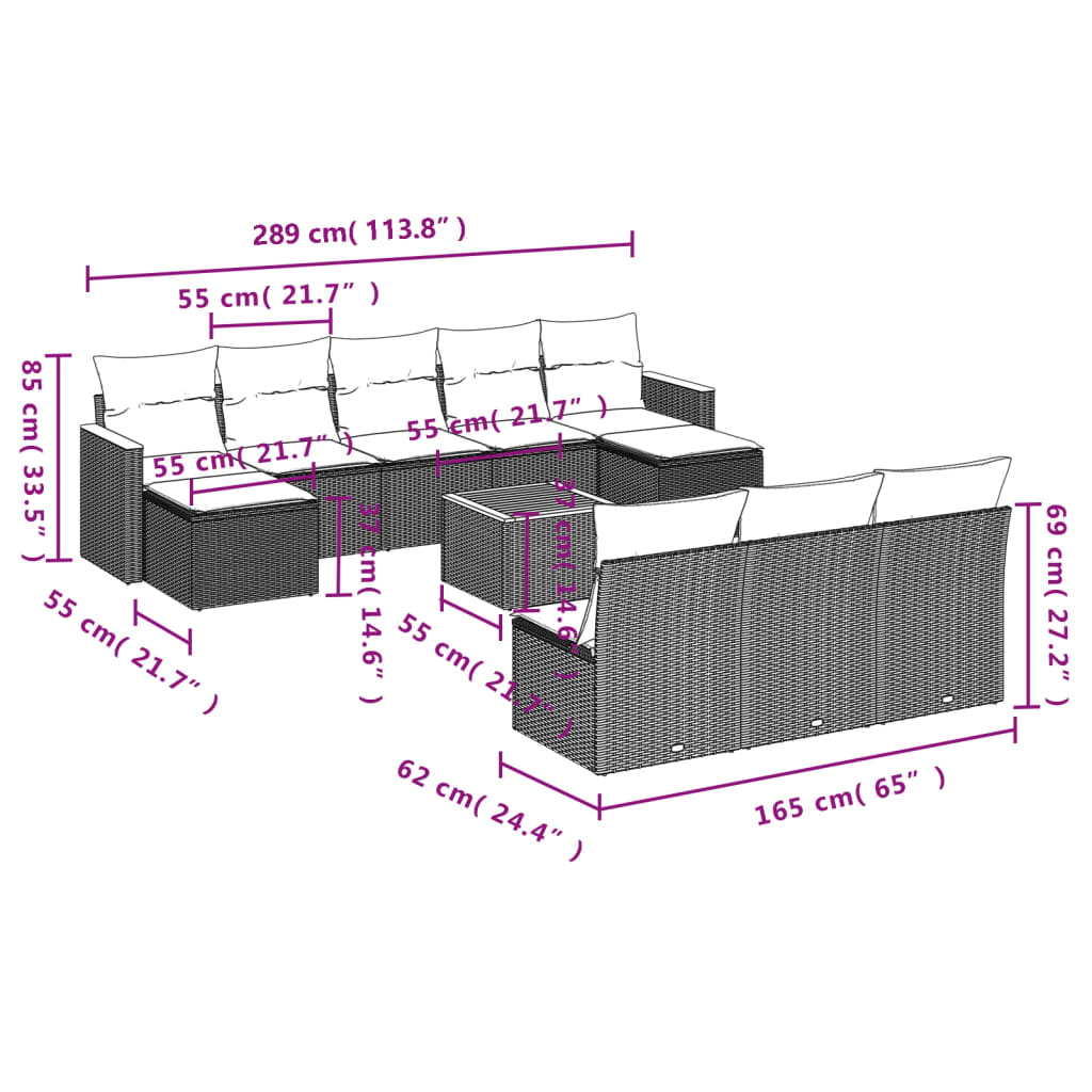 11-delige Loungeset met kussens poly rattan zwart