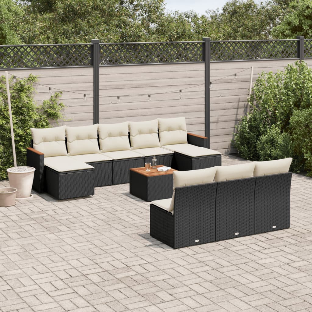 11-delige Loungeset met kussens poly rattan zwart