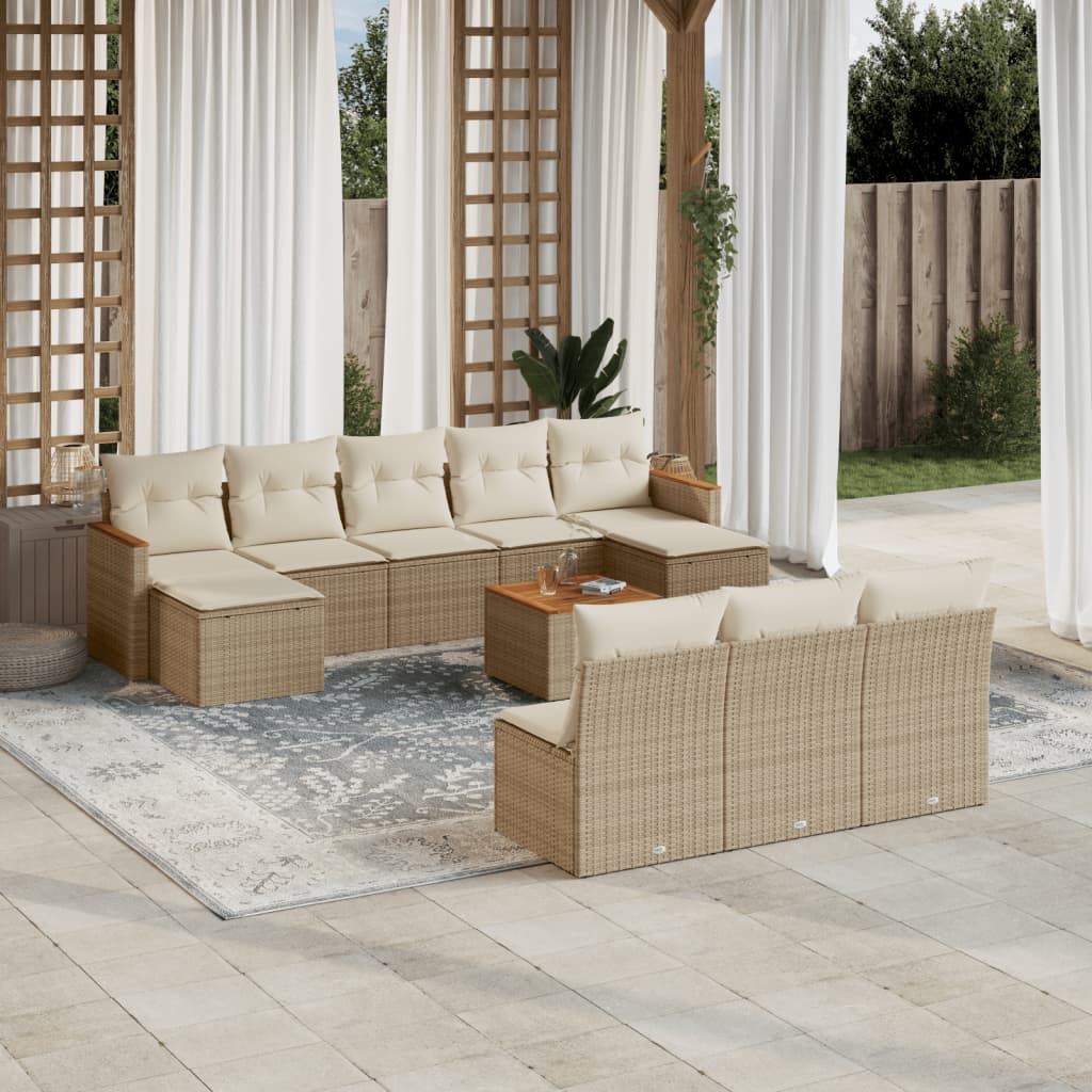 11-delige Tuinset met kussens poly rattan beige