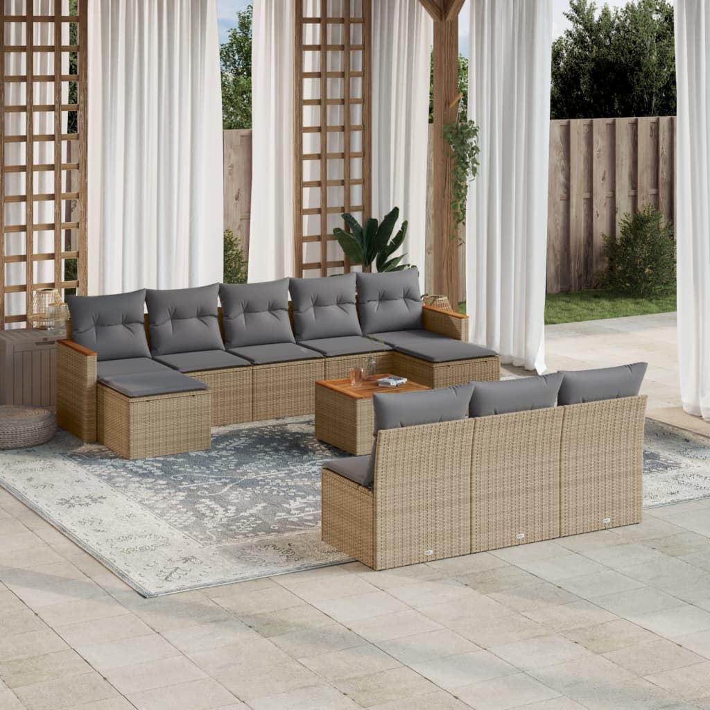 11-delige Tuinset met kussens poly rattan beige