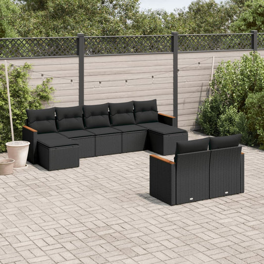 9-delige Loungeset met kussens poly rattan zwart