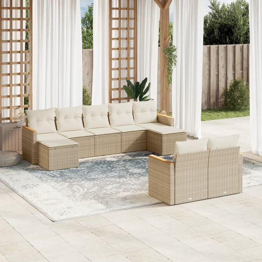 9-delige Loungeset met kussens poly rattan beige