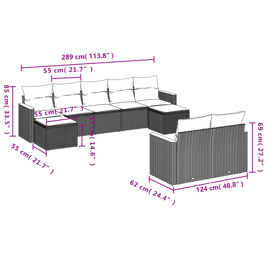 9-delige Loungeset met kussens poly rattan beige