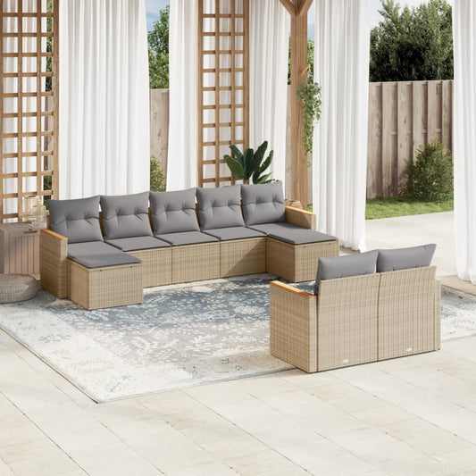 9-delige Loungeset met kussens poly rattan beige