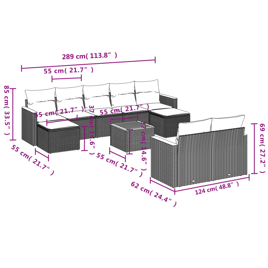 10-delige Loungeset met kussens poly rattan zwart