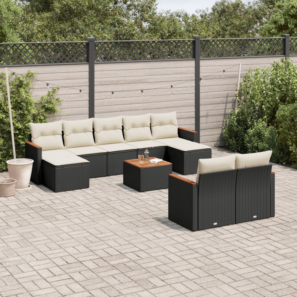 10-delige Loungeset met kussens poly rattan zwart