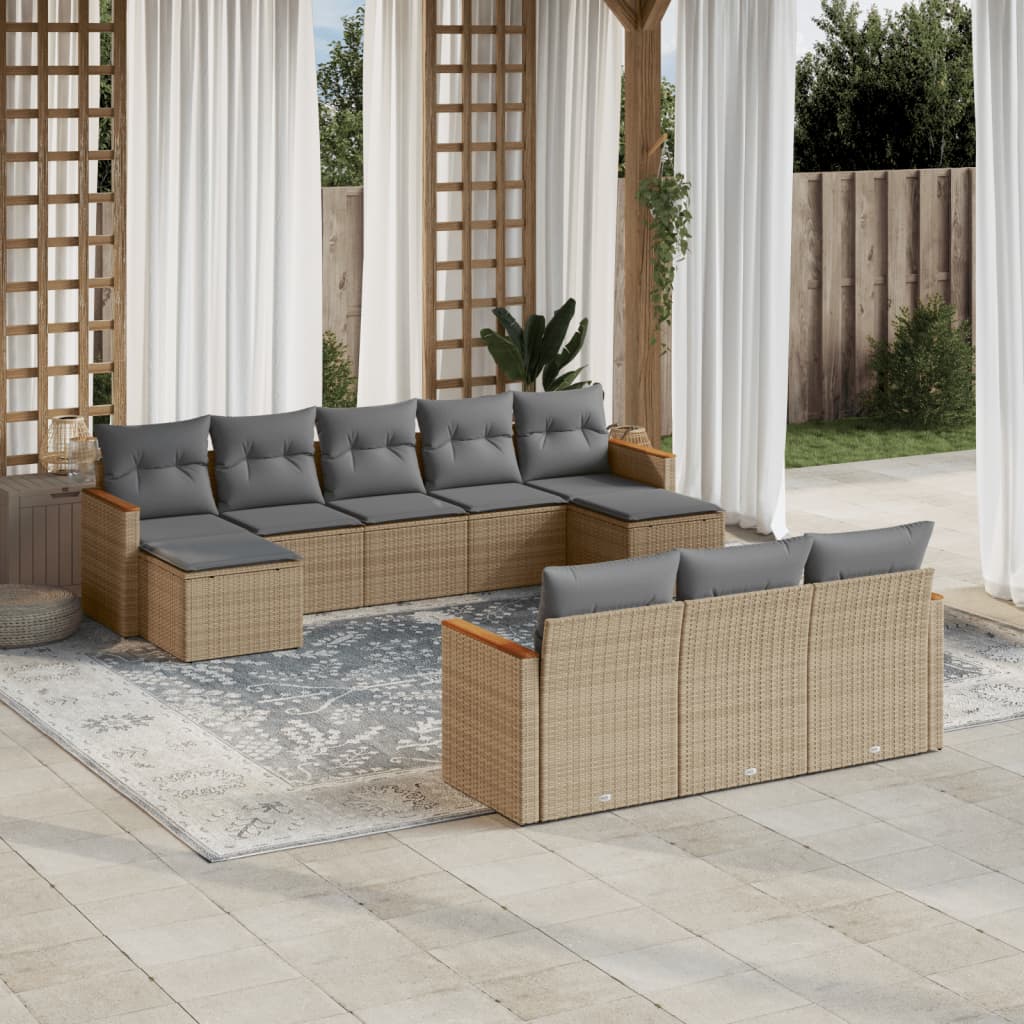 10-delige Loungeset met kussens poly rattan beige