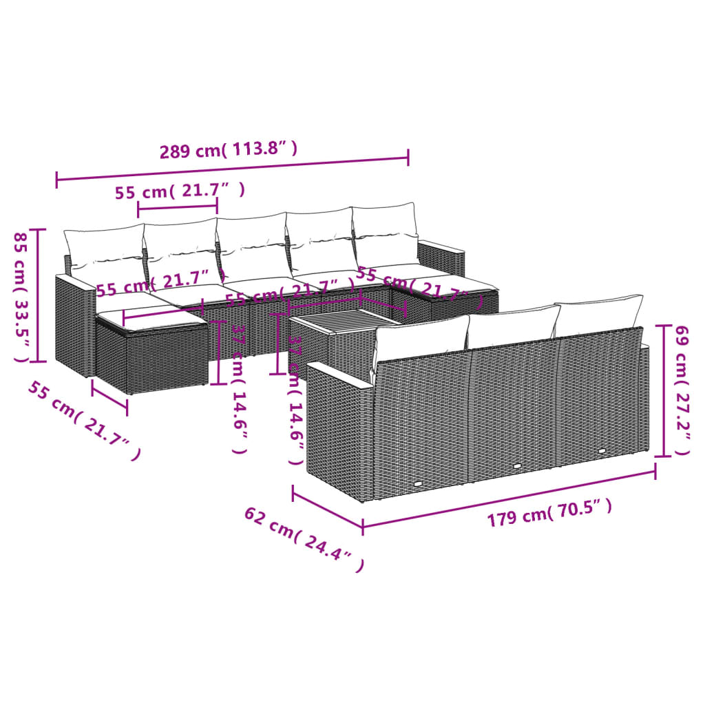 11-delige Loungeset met kussens poly rattan grijs