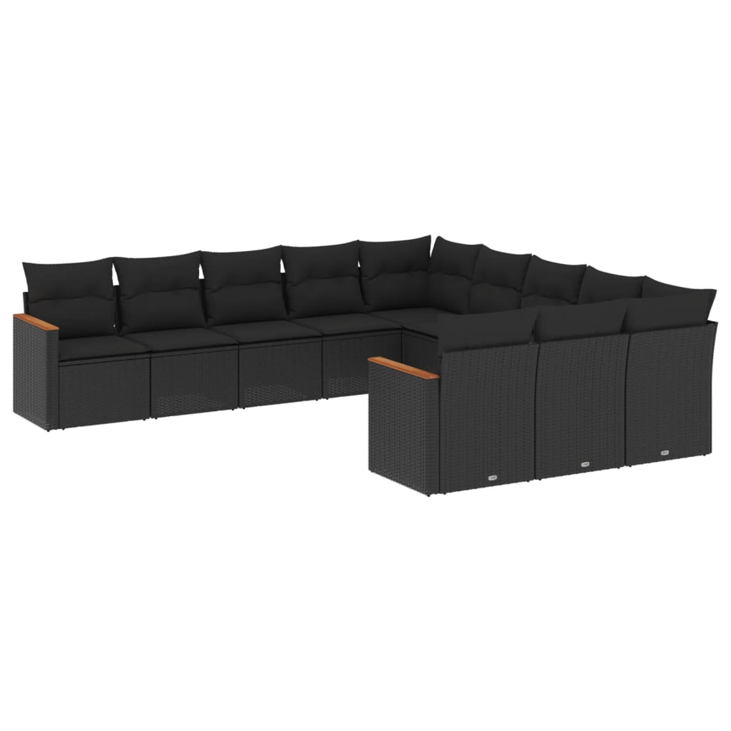 11-delige Loungeset met kussens poly rattan zwart