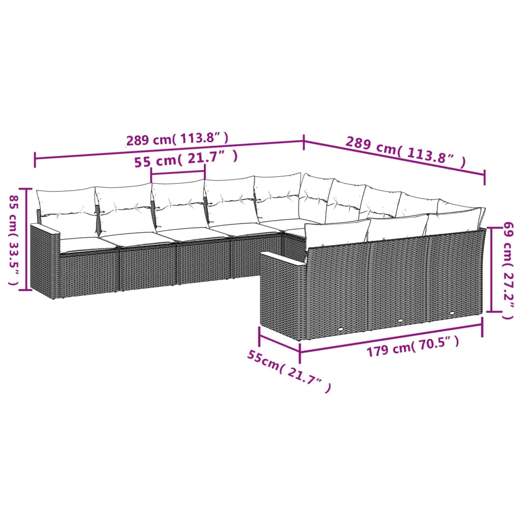 11-delige Loungeset met kussens poly rattan zwart