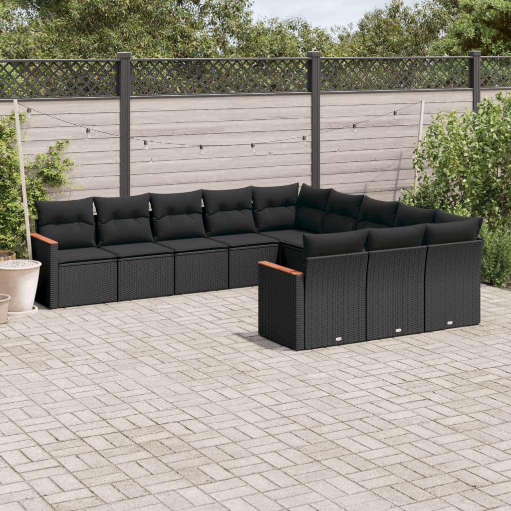 11-delige Loungeset met kussens poly rattan zwart