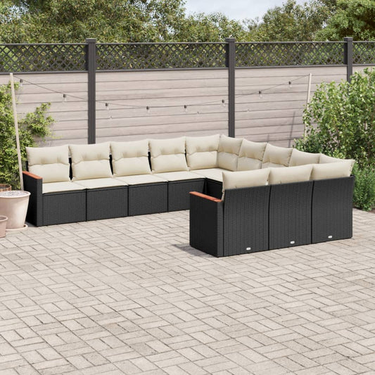 11-delige Loungeset met kussens poly rattan zwart