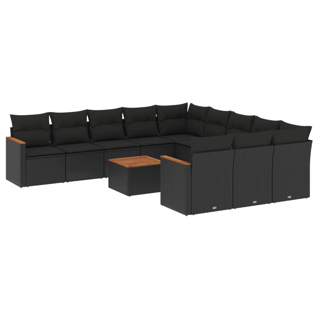 12-delige Loungeset met kussens poly rattan zwart