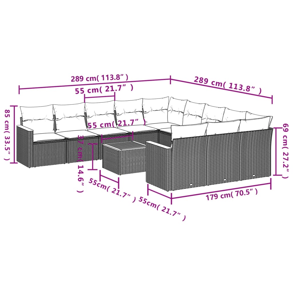 12-delige Loungeset met kussens poly rattan zwart