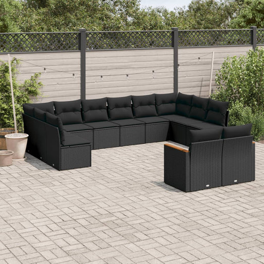 12-delige Loungeset met kussens poly rattan zwart