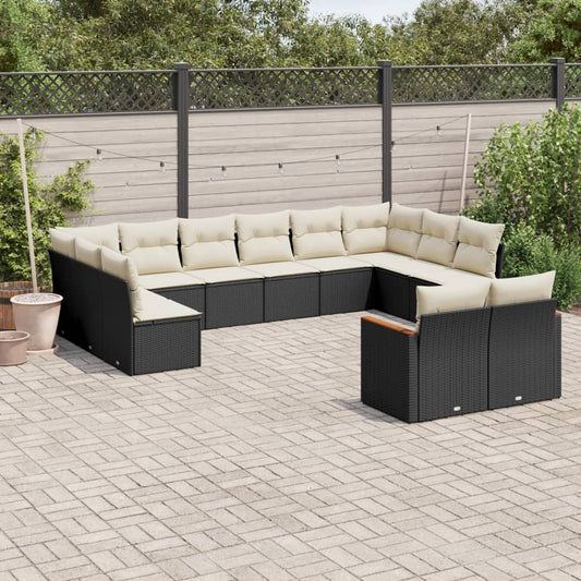 12-delige Loungeset met kussens poly rattan zwart