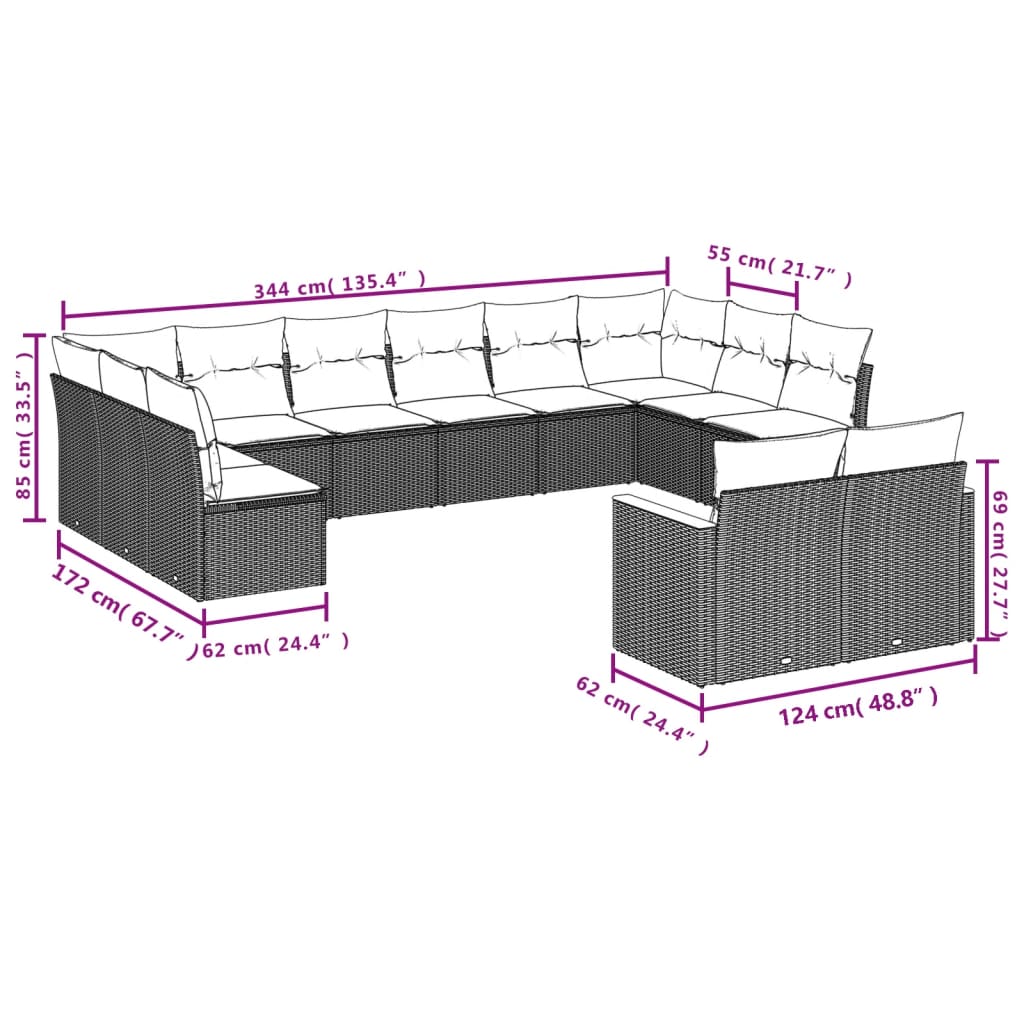 12-delige Loungeset met kussens poly rattan beige