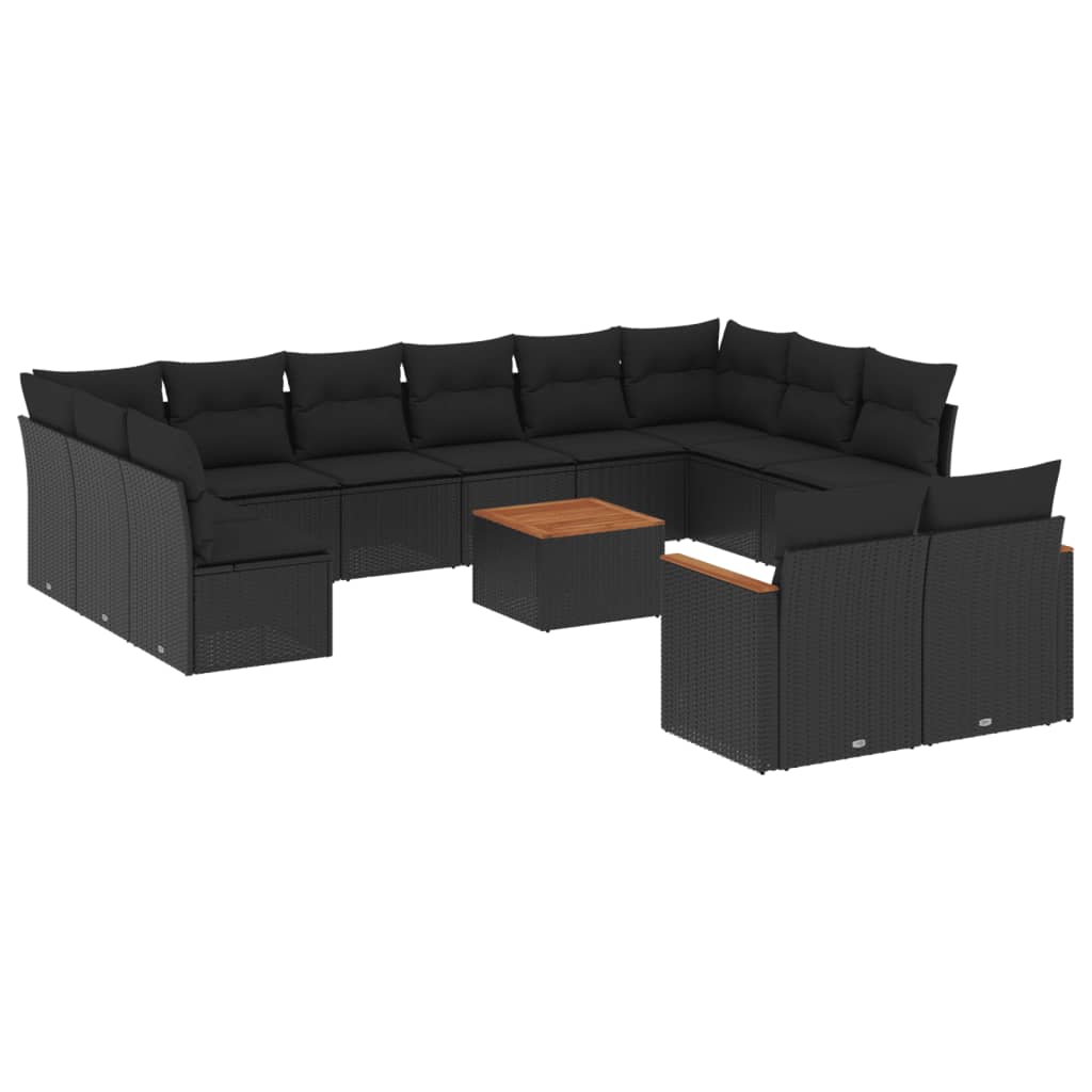 13-delige Loungeset met kussens poly rattan zwart