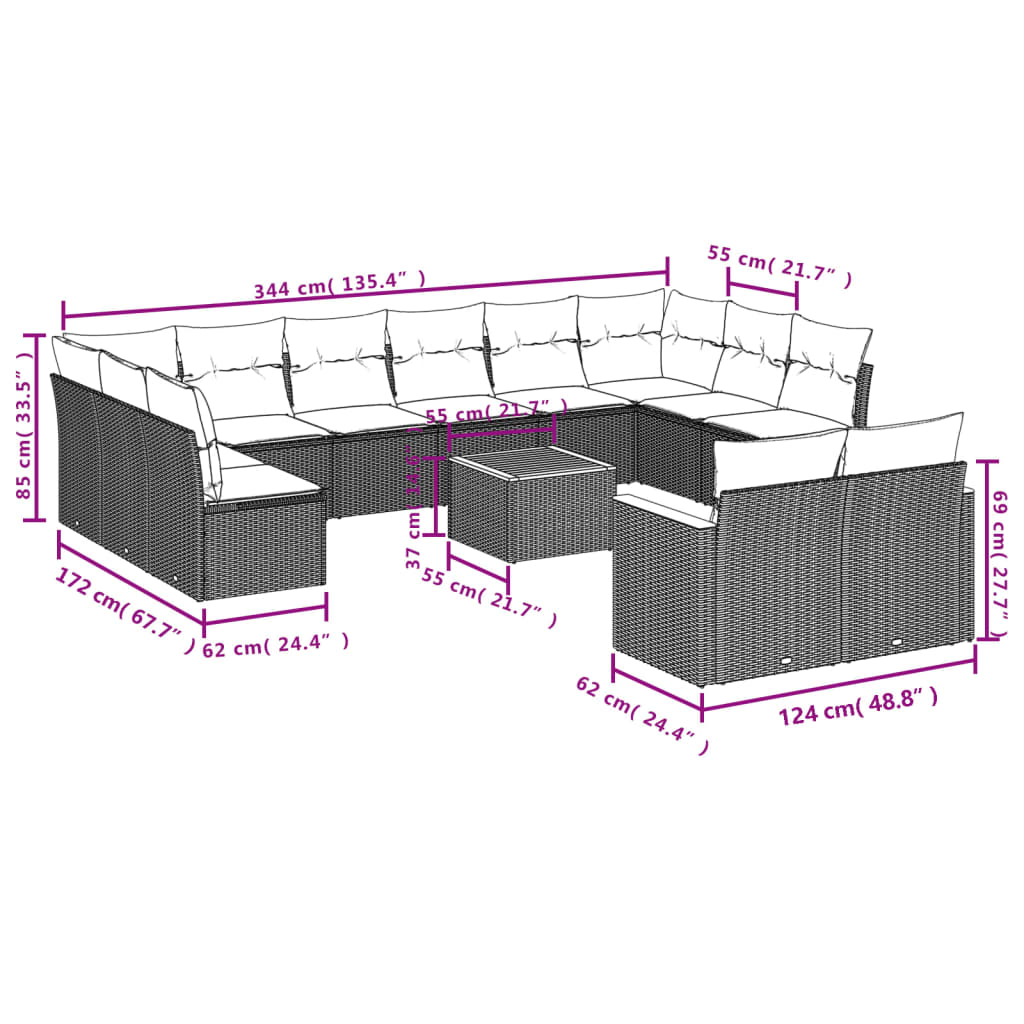 13-delige Loungeset met kussens poly rattan zwart